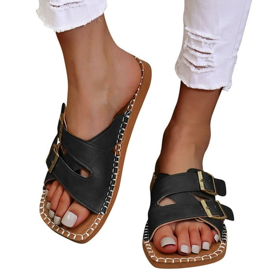 THDHVS Women's Sandals,Flat Sandals for Women,Summer Womens Foam Comfortable Dressy Flat Slide Sandals Black 5.5
