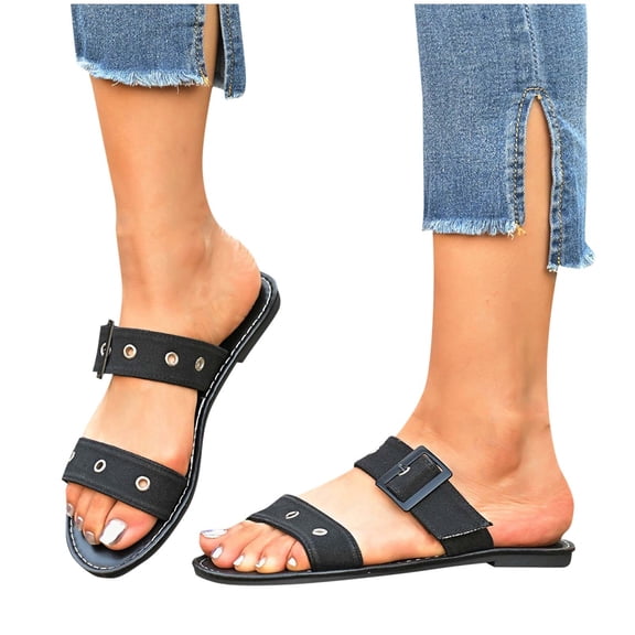 THDHVS Black Sandals Women,Sandals for Women 2025,Women's Fashion Casual Buckle One-Line Spring and Summer Open-Toe Retro Flat Slippers Black 8.5