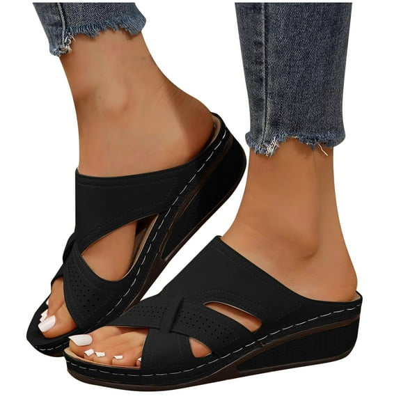 THDHVS Black Sandals Women,Sandals for Women 2025,Women's Fashion Casual Solid Color One-Foot Breathable Spring and Summer Wedge Heel Sandals Black 6
