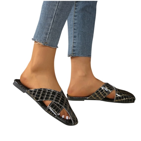 THDHVS Black Sandals Women,Sandals for Women 2025,Women's Fashion Casual Solid Color Square Head Spring and Summer Flat Slippers Black 9.5