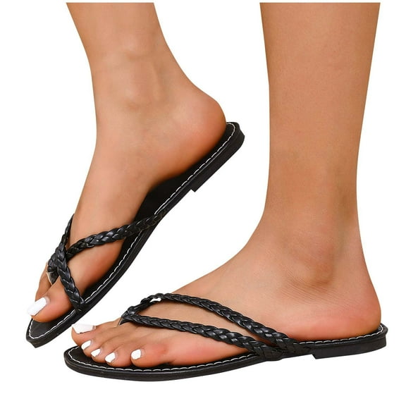 THDHVS Women's Sandals,Flat Sandals for Women,Women's Fashion Casual Solid Color Woven Toe Spring and Summer Flat Flip Flops Black 6