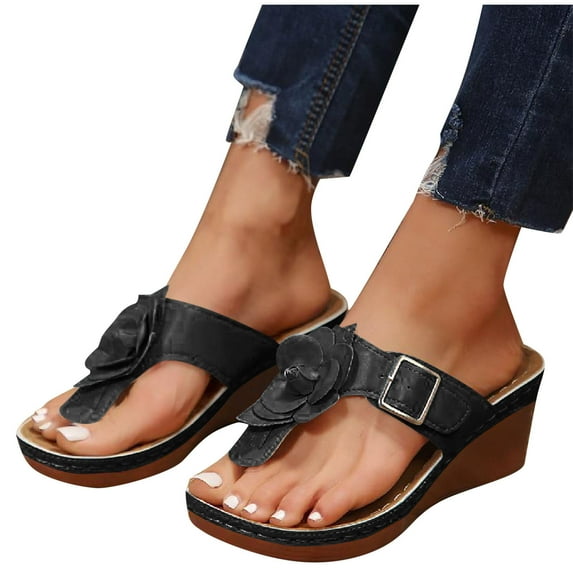 THDHVS Wedge Sandals for Women,Womens Sandals,Women's Fashion Casual Spring Style Clip-Toe Flower Thick-Soled Wedge Slippers Black 6