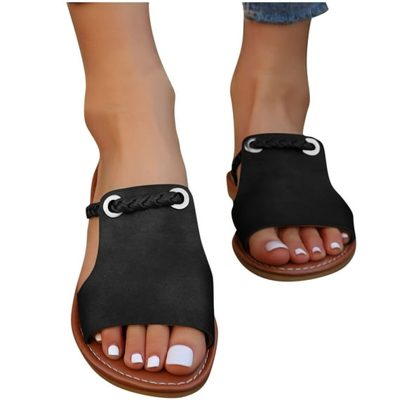 THDHVS Black Sandals Women,Sandals for Women 2025,Women's Fashion Casual Summer Daily Solid Color Woven Hollow Flat Sandals Black 5.5