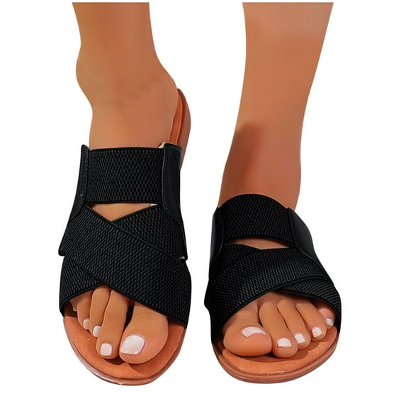 THDHVS Wide Sandals for Women,Sandals Women,Women's Fashion Casual Summer Solid Color Flat Open Toe Round Head Slippers Black 5.5