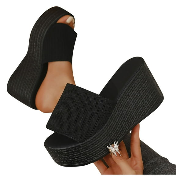 THDHVS Black Sandals Women,Sandals for Women 2025,Women's Fashion Casual Summer Solid Color Retro Thick Bottom Open Toe Beach Slippers Black 6