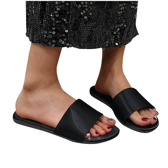 THDHVS Black Sandals Women,Sandals for Women 2025,Women's Fashion Casual Summer Solid Color Round Toe Open Toe Lightweight Satin Slippers Black 6