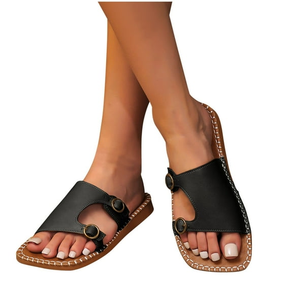 THDHVS Wide Sandals for Women,Sandals Women,Women's Fashionable and Casual Summer Solid Color Flat Casual Slippers Black 7.5