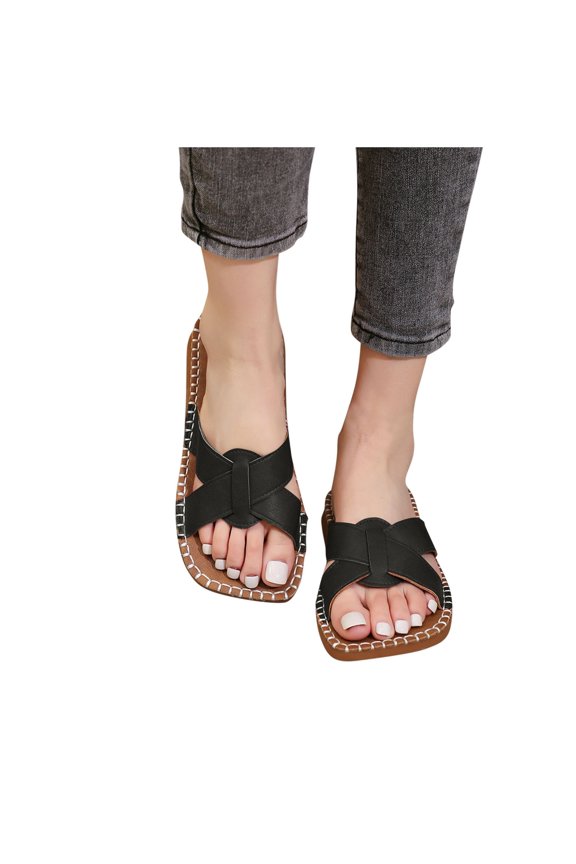 Black Sandals Women,Sandals for Women 2025,Women's Fashionable and Casual Summer Solid Color Open Toe Beach Slippers Black 6.5