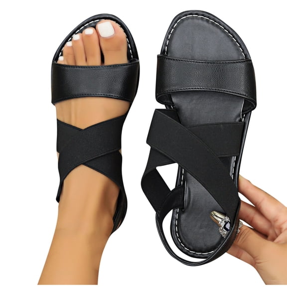 THDHVS Flat Sandals for Women,Sandals Women,Fashion Casual Summer Flat Sandals Adjustable Double Elastic Bands Straps Black 5.5