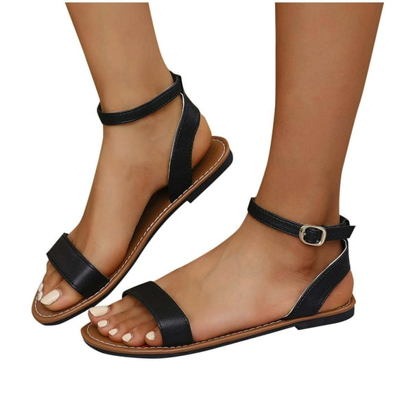 THDHVS Flat Sandals for Women,Sandals Women,Fashion Women's Open Toe Elastic Ankle Strap Flat Summer Sandals Black 8.5