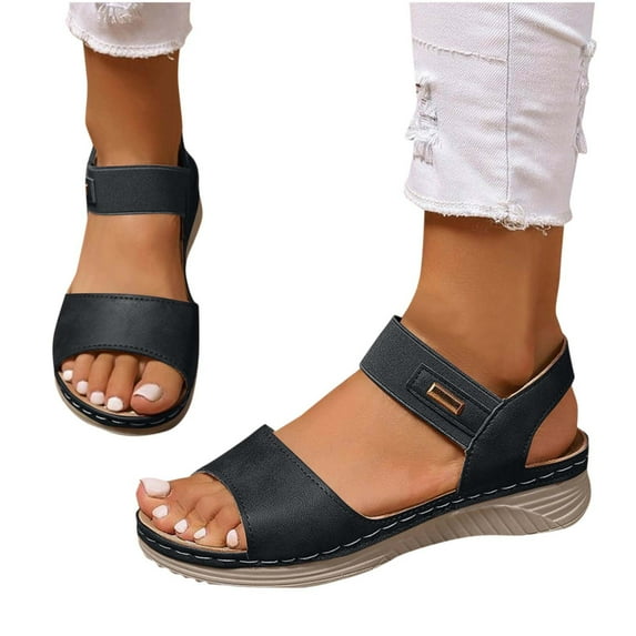 THDHVS Flat Sandals for Women,Sandals Women,Fashion Casual Retro One-Strap Spring and Summer Breathable and Comfortable Flat Sandals Black 8.5