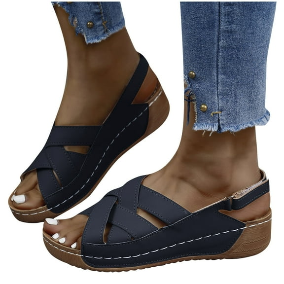 THDHVS Black Sandals Women,Womens Sandals,Summer Casual Solid Color Wedge Heel Fish Mouth Strap Sandals Black 7.5