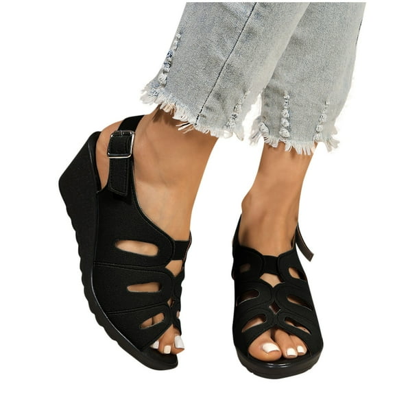THDHVS Wedge Sandals for Women,Women's Sandals,Summer Casual Style Solid Color Mouth Buckle Hollow Wedge Sandals Black 5.5
