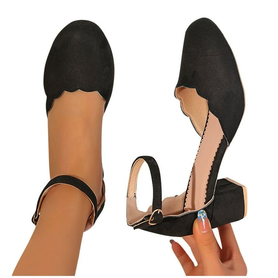 THDHVS Black Sandals Women,Womens Sandals,Women's Fashion Casual Spring and Summer Solid Color Round Toe Ruffled Shallow Mouth One-Line Buckle Thick Heel High Heels Black 6.5