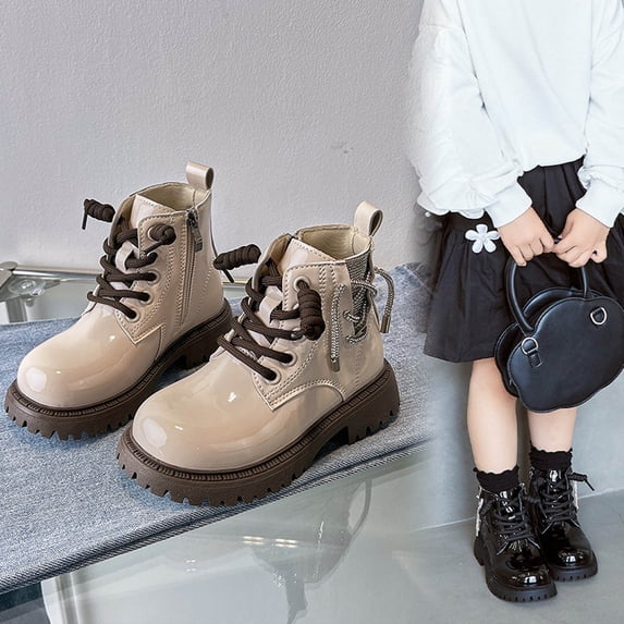 THDHVS Boots for Girls, Girls' Side Zipper Martin Boots with Slip Resistant Sole and Genuine Leather British Style Mid Calf Boots for Easy On and Off Wear Beige