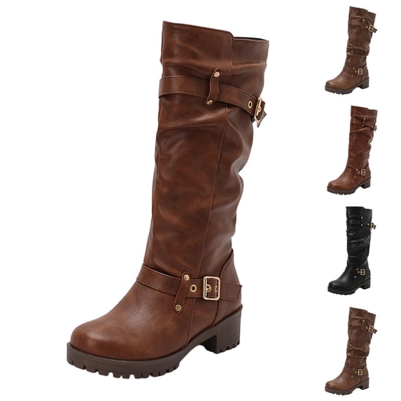 THDHVS Boots for Women,Womens Shoes,Fashion and Casual Versatile Cool Belt Buckle Eye-Catching Fall and Fashion Style Comfortable Thick Heel High Boots Black