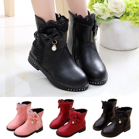 THDHVS Boots for Girls,Girls Ankle Boots,Fall Princess Soft Sole Middle School Students' Black Performance Shoes Pink 4-5 Years