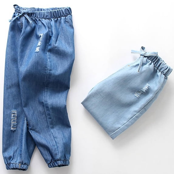 THDHVS Boys Jeans,Distressed Denim Pants Drawstring Cuffed Mosquito Proof Casual Wear for Kids,Pants for Boys,Light Blue 6-7 Years