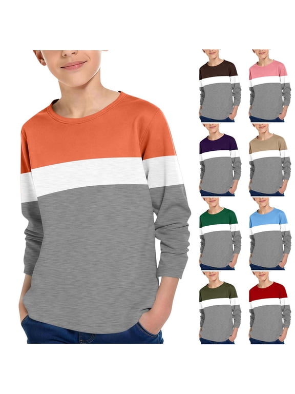 Boys Long Sleeve Shirt,Shirts for Boys,Kids Color Block Long Sleeve Crewneck Tee Soft Cotton for Casual Outings and Everyday Layering Blue 4-5 Years