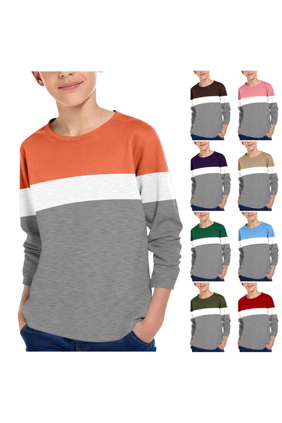 Boys Long Sleeve Shirt,Shirts for Boys,Kids Color Block Long Sleeve Crewneck Tee Soft Cotton for Casual Outings and Everyday Layering Red 3-4 Years