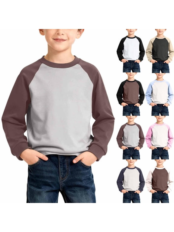 Boys Long Sleeve Shirt,Shirts for Boys,Kids Solid Color Raglan Long Sleeve Tee Soft Cotton Stretchy for Casual Layering Everyday Comfortable Brown 7-8 Years