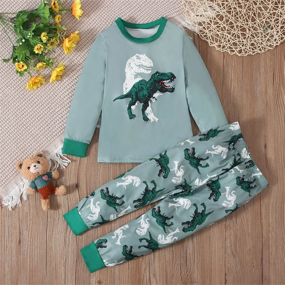 THDHVS Boys Pajamas,Pajamas for Kids,Kids Toddler Boys Round Neck Dinosaur Print Pajamas 2 Piece Pjs Set Sleepwear Green 5-6 Years