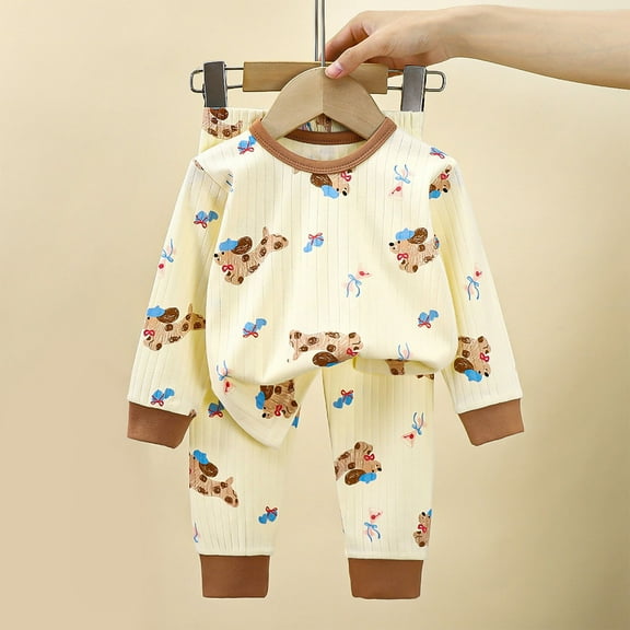 THDHVS Boys Pajamas,Pajamas for Kids,Pajamas for Boys Puppy Print 2-Piece PJs Long Sleeve Sets Sleepwear Brown 12-18 Months
