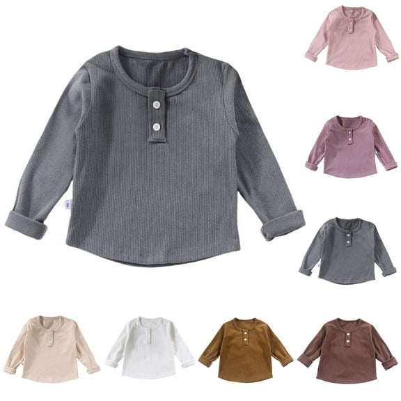 THDHVS Boys Long Sleeve Shirt,Shirts for Girls,Round-neck Ribbed Velvet Bottoming Shirt for Kids Beige 1-2 Years