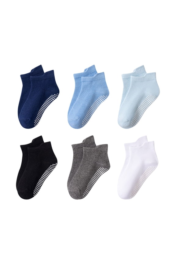 Boys Socks,Toddler Socks,6 Pair Kids Grip Socks with Antiskid Sole Solid Color Breathable Soft for Infants Ankle Socks Provide Secure Footing for Walkingand Indoor Play Dark Gray 0-1 Year