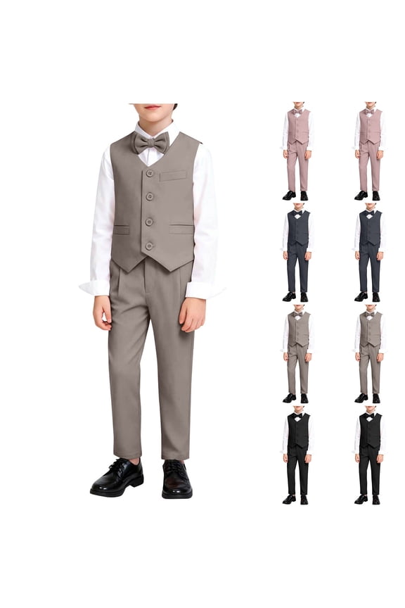 Boys Suit,Toddler Boy Outfits,Solid Color Sleeveless Vest Elastic Waist Pants and Tie Set for Kids Smart Casual Suit Outfit 1-2 Years