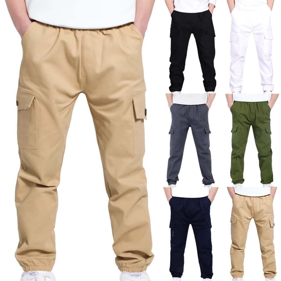 THDHVS Boys Sweatpants, Boys Stretch Twill Joggers with Elastic Waist and Cargo Pockets for School Sports and Comfortable Wear White