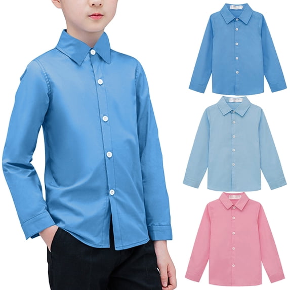 THDHVS Boys Uniform Shirts,Boys Dress Shirts,Boys Solid Color Cotton Button Down Shirt Long Sleeve Casual Light Blue 7-8 Years
