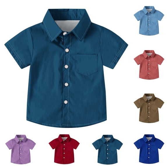 THDHVS Boys Uniform Shirts,Boys Dress Shirts,Kids Solid Color Short Sleeve Button Down Shirt with Pocket for School Uniform Brown 8-9 Years