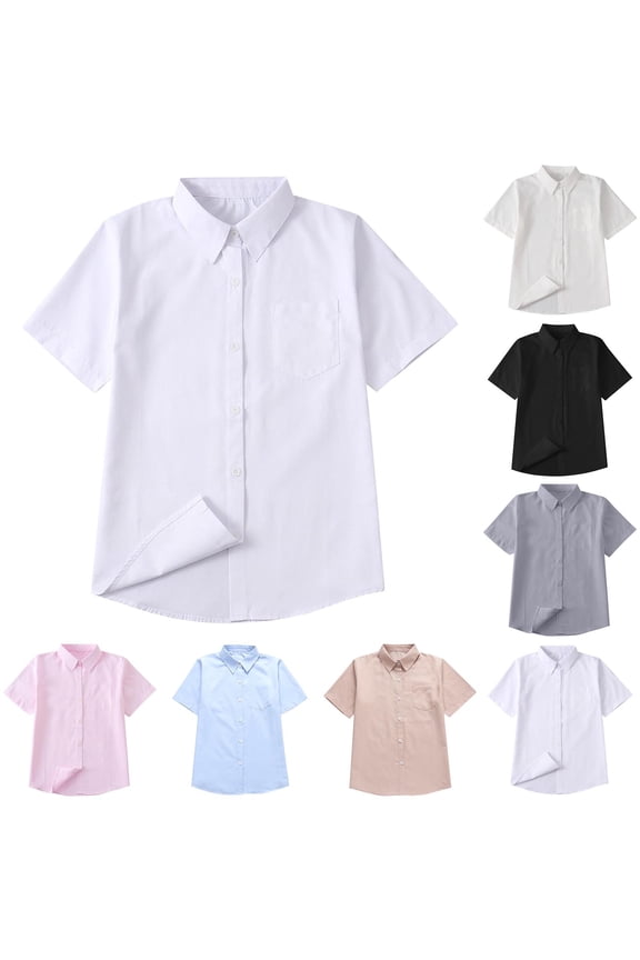 Boys Uniform Shirts,Boys Dress Shirts,Youth Solid Color Short Sleeve with Pocket White 14-16 Years