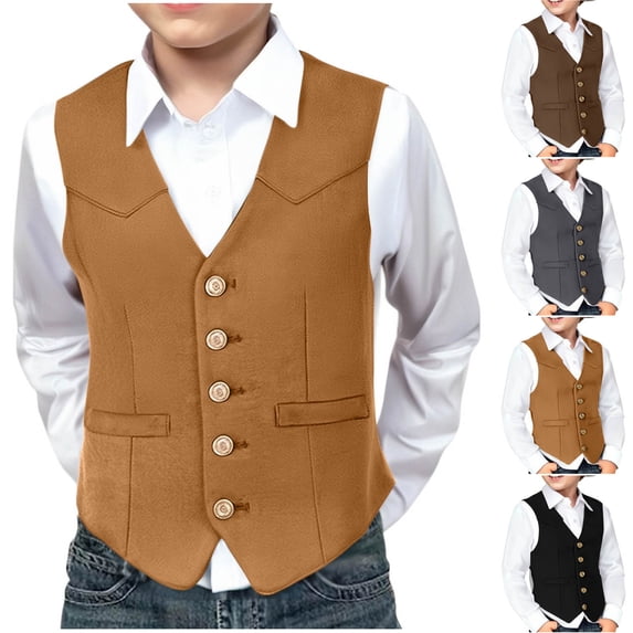 THDHVS Boys Vest,Boys Solid Faux Suede Western Vest Sleeveless Button Front Casual Fall Fall,Jacket for Boys Black 5-6 Years