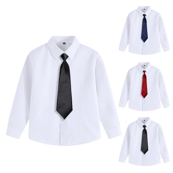THDHVS Boys White Button Down Shirt,Boys Uniform Shirts,Boys Solid Color Long Sleeve Shirt with Tie for School Blue 3-4 Years