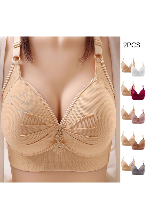 Bras for Women No Underwire,2 Pack BC Cup Wireless Supportive Bra Soft Fitted Casual Daily Wear,Push Up Bra Khaki 44DE