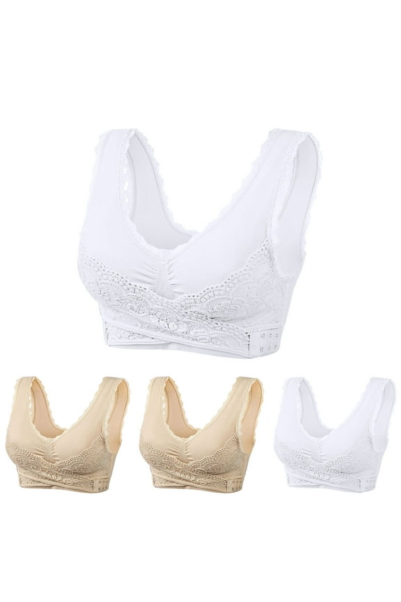 Bras for Women No Underwire,Push Up Bra,4 Pack Cross Front Lace Bras Wireless Light Support Multi Color Set White