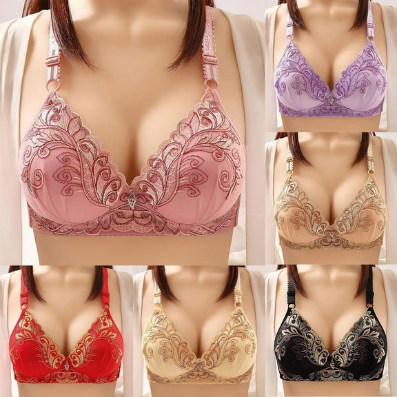 THDHVS Bras for Women No Underwire,Push Up Bra,Embroidered Wireless Bra Lightly Lined Breathable Comfortable Red