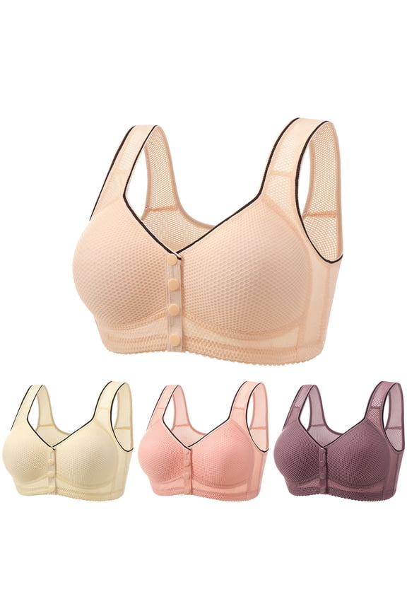 Bras for Women No Underwire,Push Up Bra,Plus Size B C Cup Front Hook Bra Mesh Cotton Lined Thin Wirefree Beige