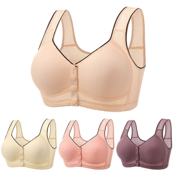 THDHVS Bras for Women No Underwire,Push Up Bra,Plus Size B C Cup Front Hook Bra Mesh Cotton Lined Thin Wirefree Pink