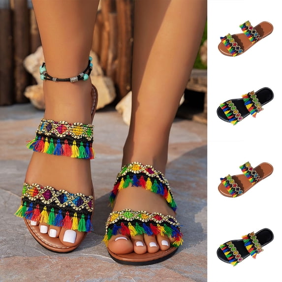 THDHVS Brown Sandals Women,Flat Sandals for Women,Women Boho Style Flat Fringe Sandals for Beach or Vacation Brown