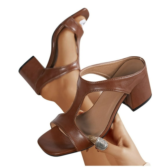 THDHVS Brown Sandals Women,Sandals for Women,Women's Fashion Casual Spring and Summer Style Solid Color Hollow Side Hollow Thick Heel Slippers Brown 7