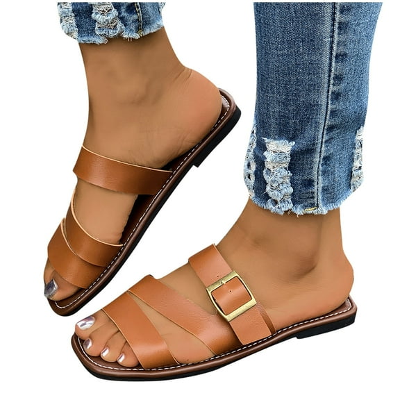 THDHVS Wide Sandals for Women,Sandals Women,Women's Fashion Casual Summer Solid Color Buckle Flat Flip Flops Open Toe Retro Style Beach Sandals Brown 5.5