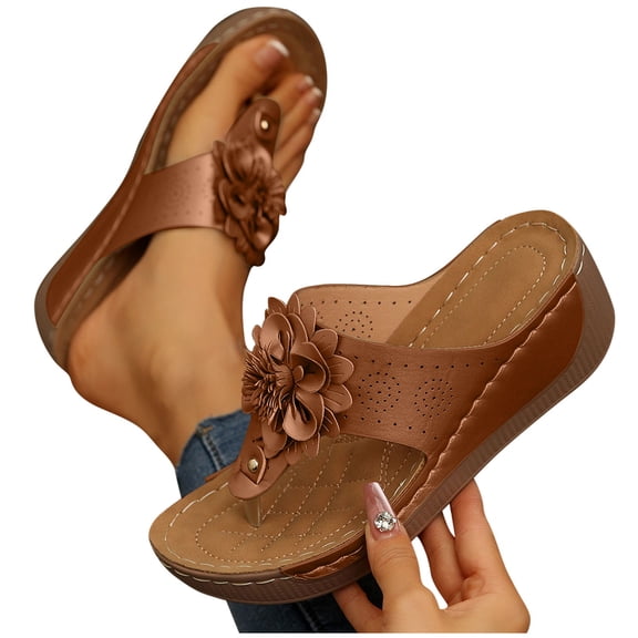 THDHVS Brown Sandals Women,Sandals for Women,Women's Fashion Casual Summer Style Solid Color Flower Fish Mouth Wedge Heel Thick Bottom Flip Flops Brown 5.5
