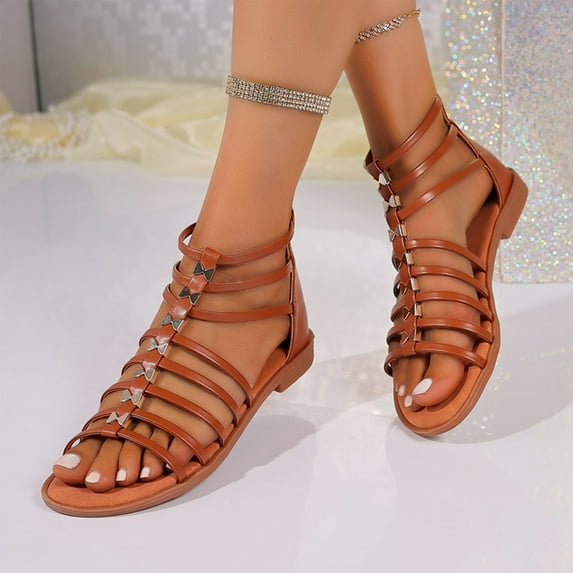 THDHVS Brown Sandals Women,Sandals for Women 2025,Lady's Casual Summer Style Solid Color Open Toe Low Heel Thick Zipper Roman Shoes Sandals Brown 9.5
