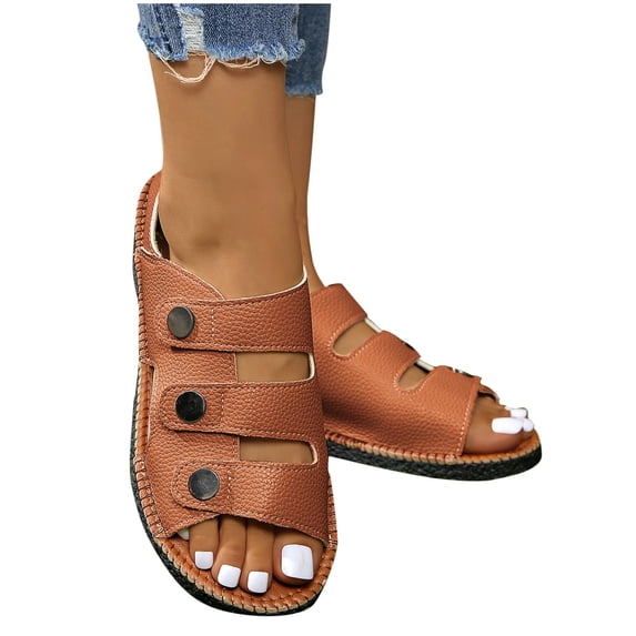 THDHVS Brown Sandals Women Fashion Casual Spring and Summer Hollow Elastic Solid Color Slip-On Sandals Brown 8.5,