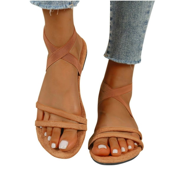 THDHVS Flat Sandals for Women,Sandals Women,Women's Fashion Strap Breathable Spring and Summer Flat Sandals Brown 5.5