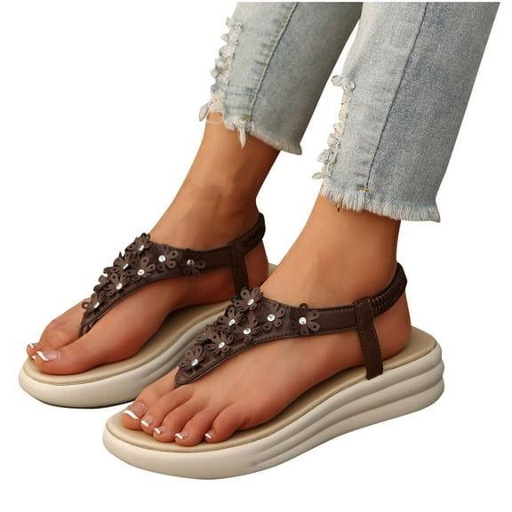 THDHVS Brown Sandals Women,Sandals for Women,Dressy Summer Bohemian Flats Shoes for Women Sandals Comfortable Ankle Strap Outdoor Walking Brown 8.5