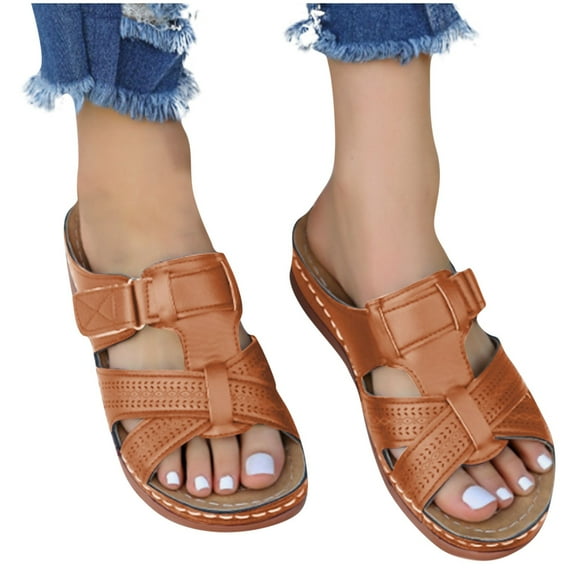 THDHVS Brown Sandals Women,Sandals for Women,Fashion Flat Womens Sandals with Foam Insole Slides Sandals Women Footwear Brown 9